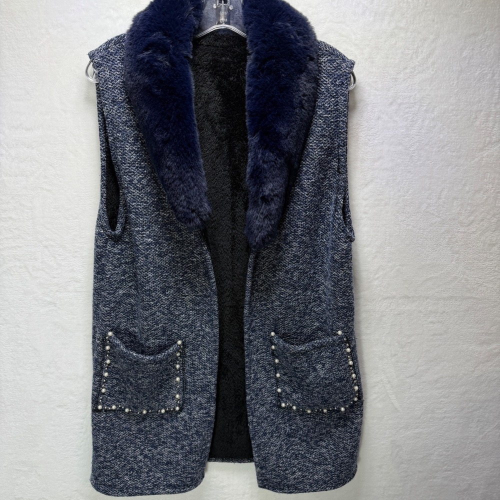 Navy Blue Marled Knit Longline Vest Faux Fur Collar Pearl Accents Fleece Lined